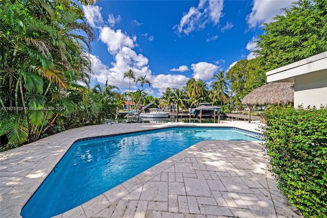 view of swimming pool featuring a patio area