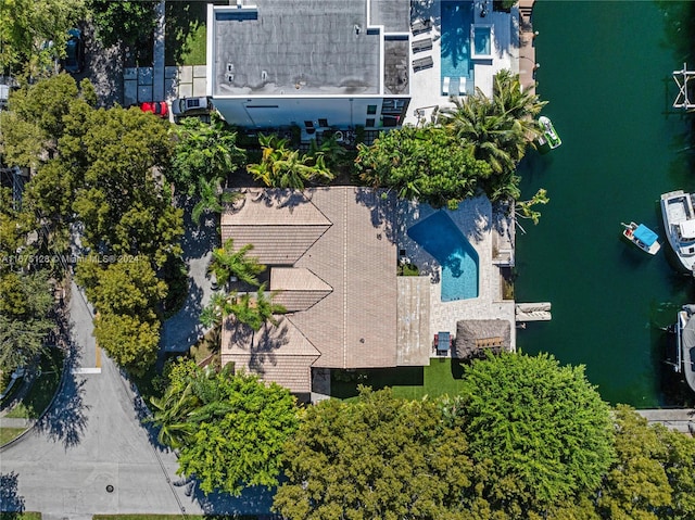 aerial view featuring a water view