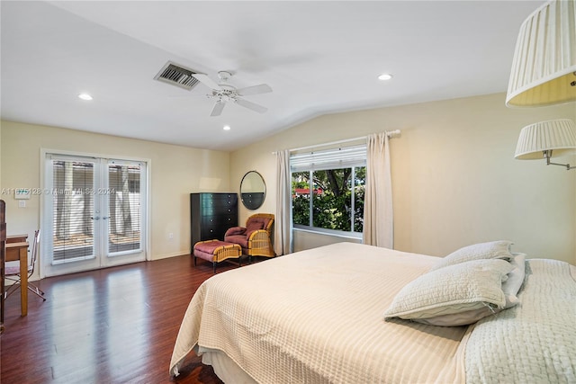 bedroom featuring access to exterior, french doors, dark hardwood / wood-style flooring, vaulted ceiling, and ceiling fan