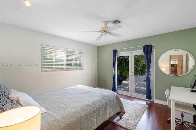 bedroom with access to exterior, french doors, wood finished floors, baseboards, and visible vents