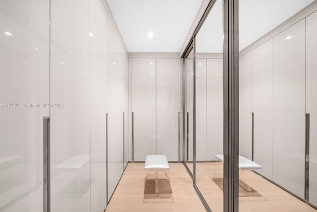 bathroom with walk in shower and hardwood / wood-style flooring