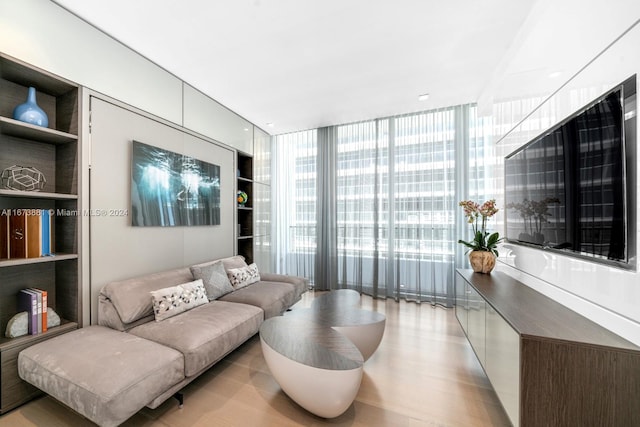 living room featuring a wall of windows, light wood-type flooring, built in features, and a wealth of natural light