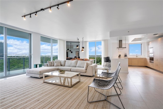 living room featuring sink, floor to ceiling windows, and a healthy amount of sunlight