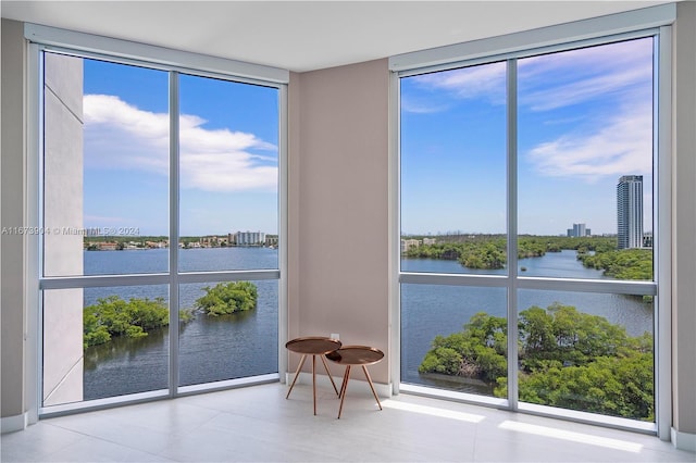 interior space featuring a water view