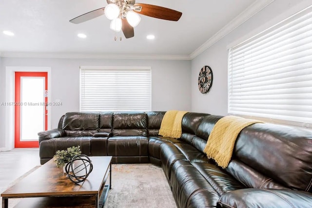 living room with ceiling fan, ornamental molding, and a healthy amount of sunlight