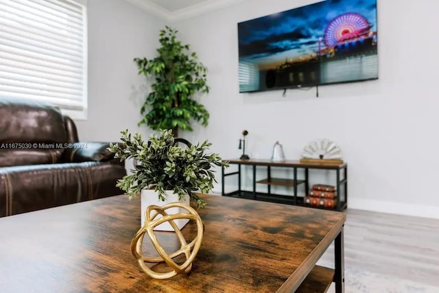 dining area featuring crown molding and hardwood / wood-style floors