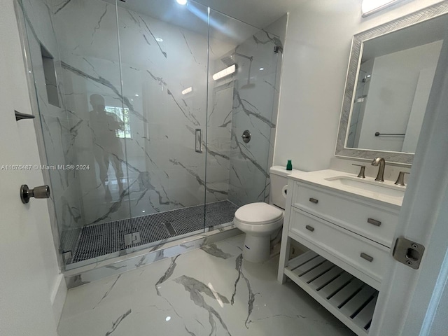 bathroom with vanity, toilet, and walk in shower