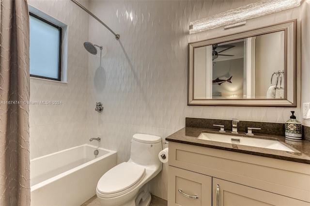 full bathroom featuring tile walls, shower / bathtub combination with curtain, vanity, and toilet