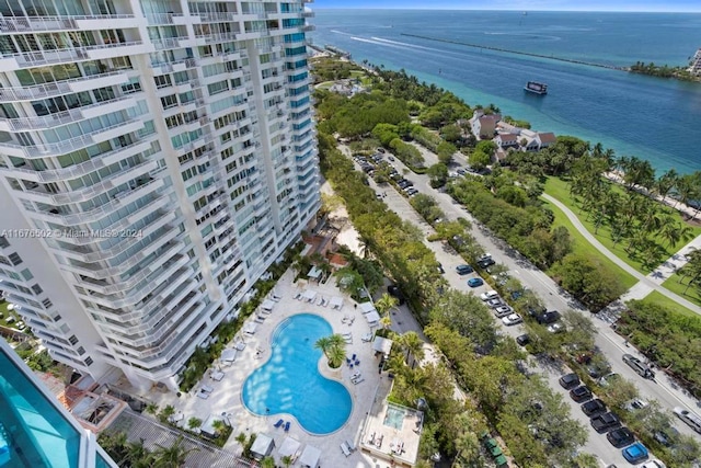 aerial view featuring a water view