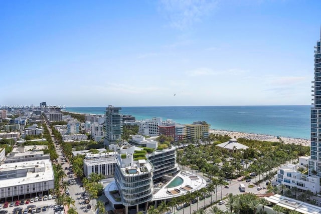 drone / aerial view featuring a water view and a view of the beach