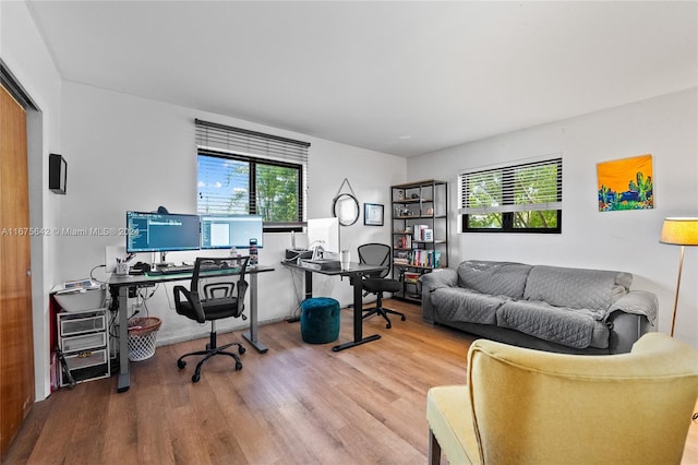 office with hardwood / wood-style floors and a healthy amount of sunlight