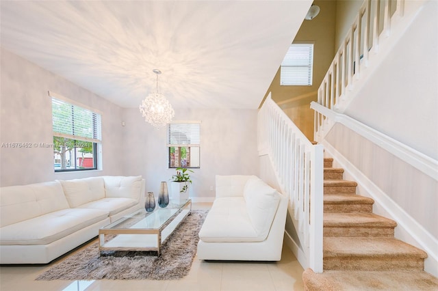 tiled living room with a chandelier