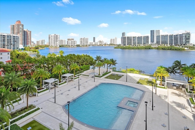 view of pool with a patio area and a water view