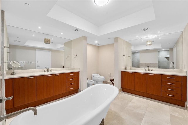 bathroom featuring vanity, a tray ceiling, toilet, and a bidet