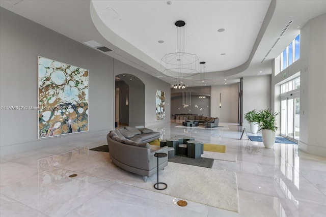 living room with a chandelier