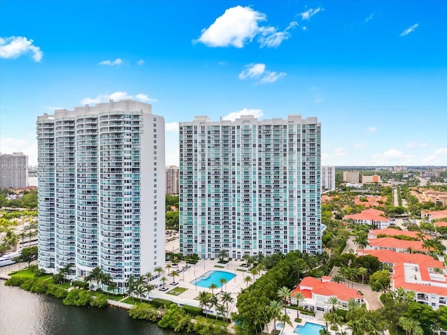 birds eye view of property featuring a water view