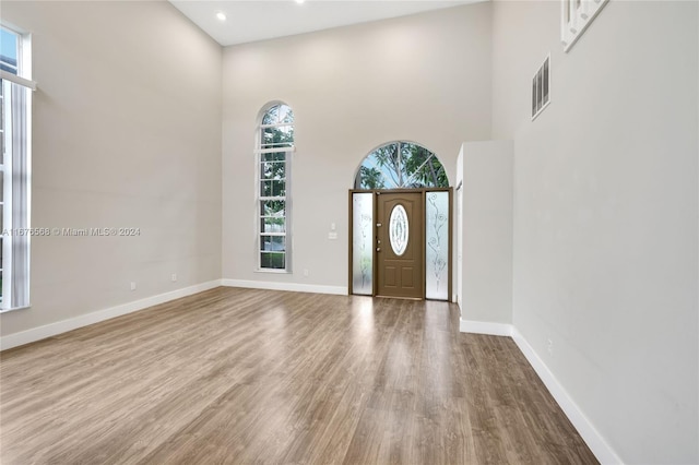 entryway with wood-type flooring and a towering ceiling