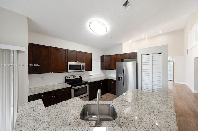 kitchen featuring light stone counters, appliances with stainless steel finishes, sink, and light wood-type flooring