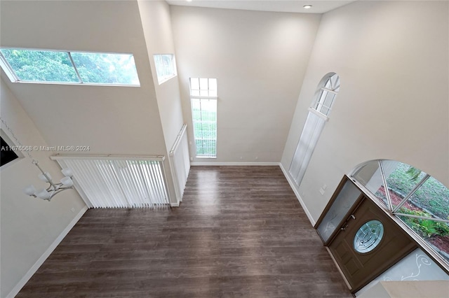 foyer entrance featuring a towering ceiling, a chandelier, and dark hardwood / wood-style flooring