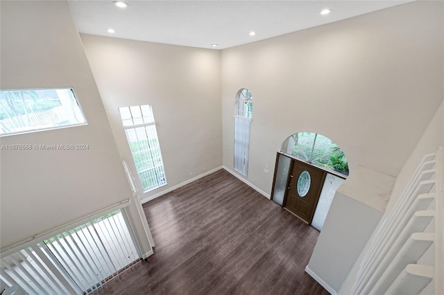 entryway with a towering ceiling and dark hardwood / wood-style flooring