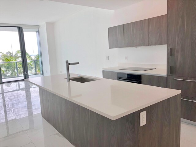 kitchen featuring expansive windows, a kitchen island with sink, sink, and black appliances