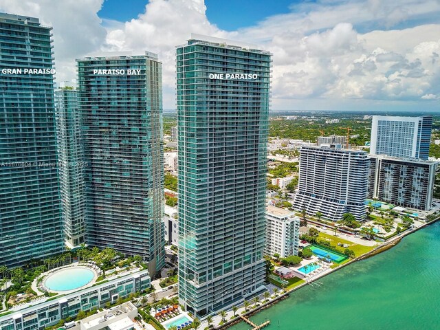 drone / aerial view featuring a water view