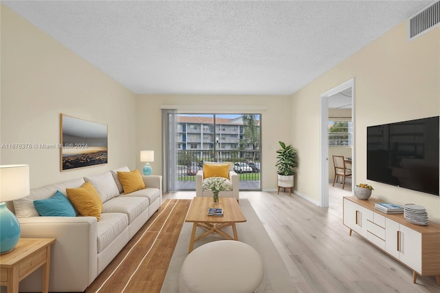 living room with a textured ceiling and light wood-type flooring