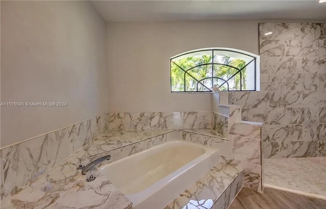 bathroom with hardwood / wood-style flooring and separate shower and tub