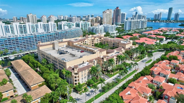 birds eye view of property featuring a city view and a water view