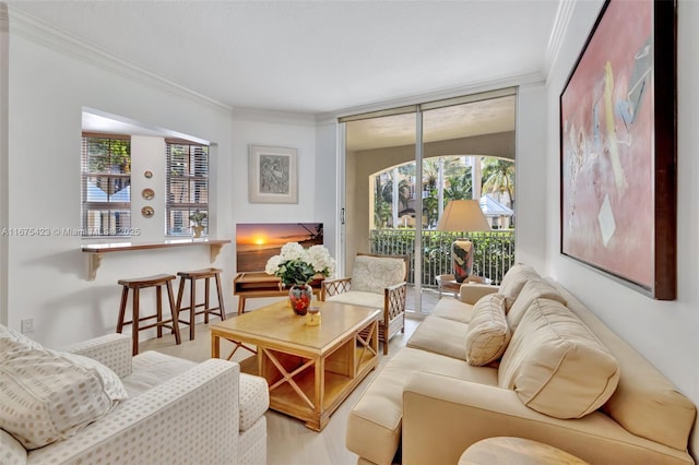living area featuring ornamental molding and wood finished floors