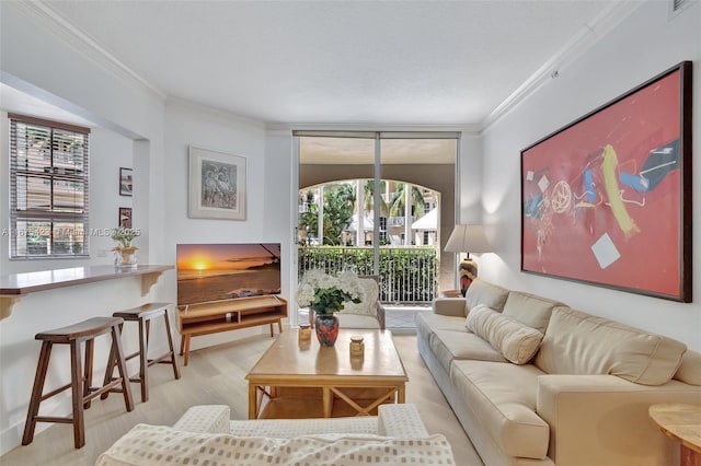 living room featuring floor to ceiling windows, ornamental molding, and light wood-style floors