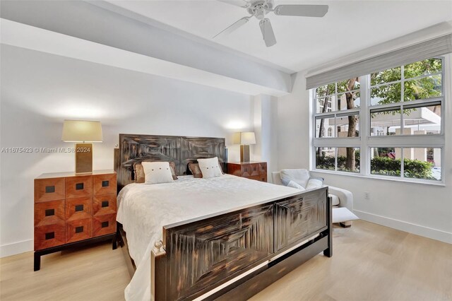 bedroom with ceiling fan and light hardwood / wood-style flooring