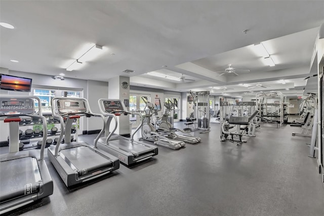 workout area featuring ceiling fan and a wealth of natural light