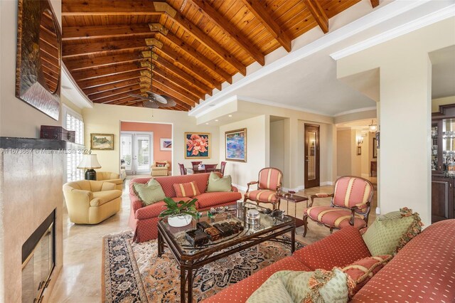 living room featuring wood ceiling, ornamental molding, vaulted ceiling with beams, and ceiling fan