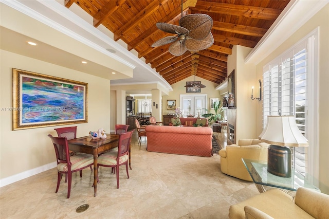 dining area with lofted ceiling with beams, wooden ceiling, and ceiling fan