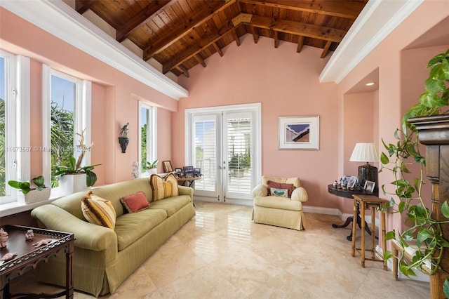 living room with beam ceiling, high vaulted ceiling, wooden ceiling, and a wealth of natural light