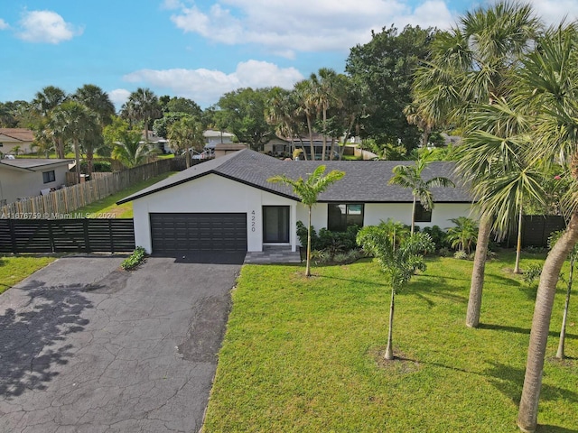 view of front of home with a garage and a front lawn