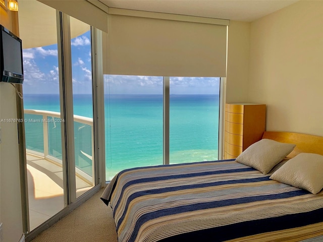 carpeted bedroom featuring a water view