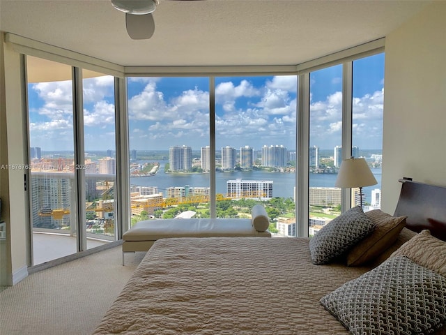 carpeted bedroom with a water view and multiple windows