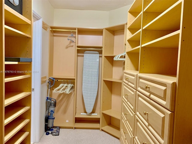 walk in closet featuring light carpet