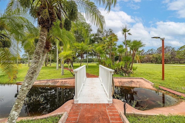 view of home's community with a water view and a lawn