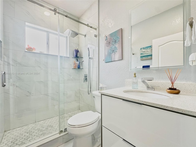 bathroom with vanity, toilet, and walk in shower