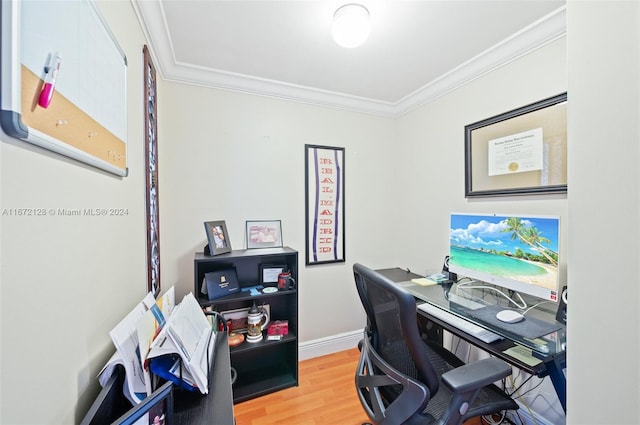 office space featuring ornamental molding and wood-type flooring