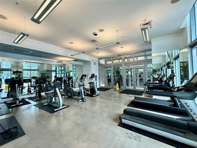 workout area featuring french doors