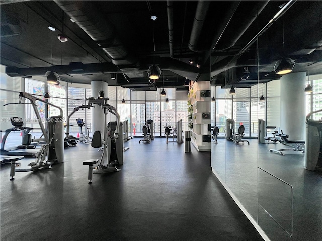 gym featuring expansive windows and a healthy amount of sunlight