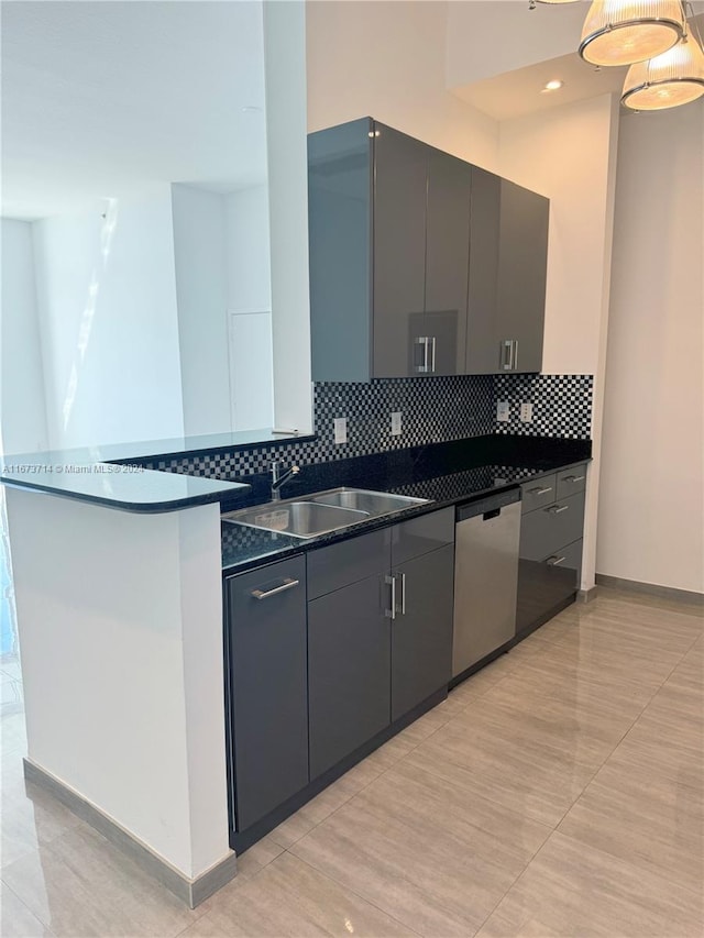 kitchen featuring decorative backsplash, kitchen peninsula, dishwasher, and sink