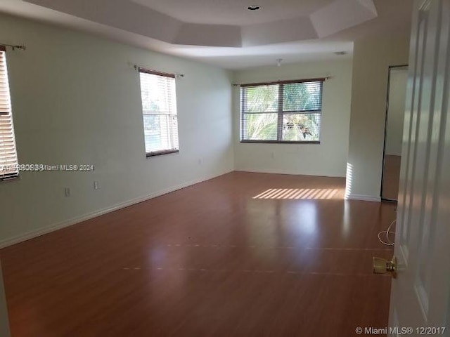 spare room featuring hardwood / wood-style flooring and a tray ceiling