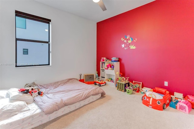 bedroom featuring carpet floors and ceiling fan