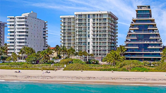 view of swimming pool featuring a water view and a view of the beach