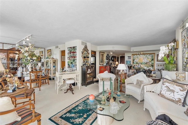 living room featuring a textured ceiling